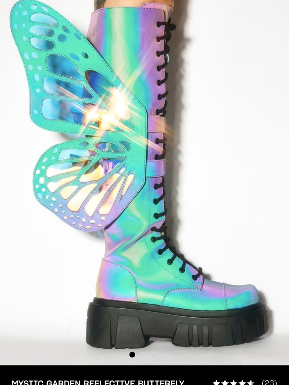 Sold out New Iridescent Lace-Up Knee-High Butterfly Wing Boots in Green